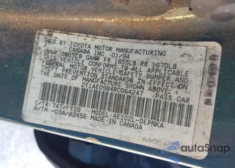 1994 Toyota Corolla Le/Dx from USA, damaged, VIN 2T1AE09B4RC064247